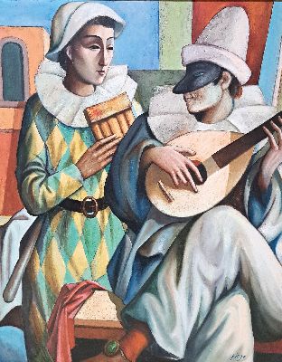 Antonio Voci, 1920 Gasperina- 1985 Taunusstein, Studium an der Akademie Florenz, "Pulcinellae Arlequino", Öl/Lwd, signiert Diego, num. D. ...