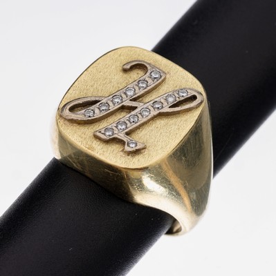 14 kt Gold Brillant-Herrenring, GG/WG 585/000, schwere massive Verarbeitung, aufgelegtes "H" aus WG, 14 Brillanten zus. ca.0.14 ct ...