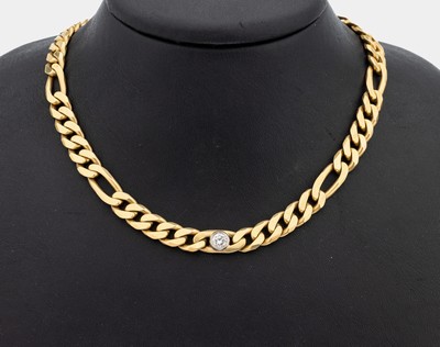 18 kt Gold Brillant-Collier, GG/WG 750/000,schwere massive Verarbeitung, mittig in WG gefasster Brillant ca. 0.40 ct Weiß/vs, L. ca. 57 cm, ...