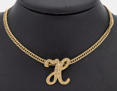 14 kt Gold Brillant-Anhänger "H", GG 585/000, 21 Brillanten zus. ca. 0.18 ct Weiß/si, an Kette, GG 585/000, L. ca. 64 cm, ...