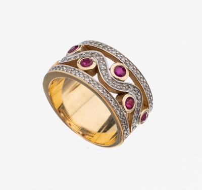 14 kt Gold Rubin-Diamant-Ring, GG 585/000, 6 rundfacett. Rubine zus. ca. 0.50 ct, 8/8 -Diamanten zus. ca. 0.43 ct Weiß/pi, in rhod. Fassungen, ca. ...