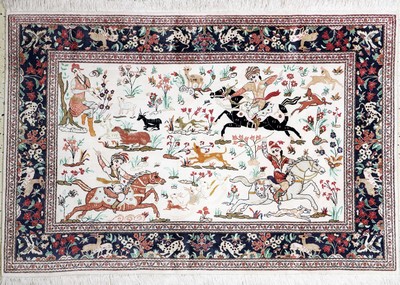 Ghom Seide"Jagd-Motiv", Persien, Mitte 20.Jhd, reine Naturseide, ca. 150 x 100 cm, EHZ: 1-2, (fachkundig gereinigt)