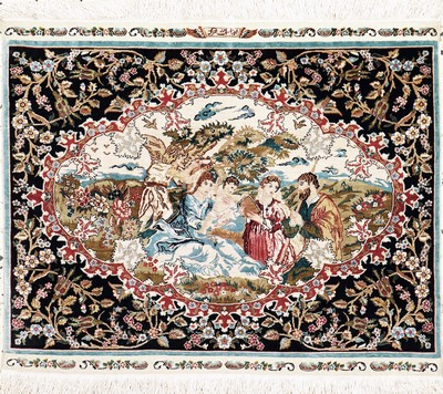 Hereke Seide fein Türkei, signiert"Özipek",Ende 20.Jhd, reine Naturseide, ca. 60 x 74 cm,EHZ:(nahezu neuwertig).