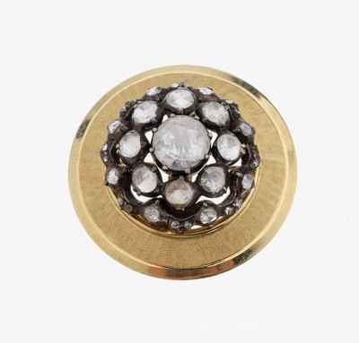 14 kt Gold Diamant-Anhänger, GG 585/000, mittleres Element aus älterem Zusammenhang um 1860, 33 in Silber gefasste Diamantrosen zus. ca. 1.70 ct, ...