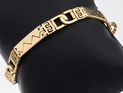 18 kt Gold Armband, GG 750/000 gepr., längliche Glieder, durchbrochen gearbeitet, part. Mäanderbandmuster, L. ca. 19 cm, Karabinerschließe, ca. ...