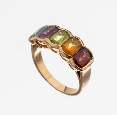 14 kt Gold Farbstein-Ring, GG 585/000, 5 facett. Farbsteine, Granat, Citrin, Peridot, Amethyst und Topas (beh.) zus. ca. 6.00 ct, RW 55, ca. 6.4 g