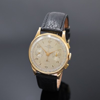 OTIS / CHRONOGRAPHE SUISSE Armbandchronograph in RG 750/000, Schweiz um 1950, Handaufzug, Geh. dell., Boden aufgedr., silb. Zifferbl. m. gold. ...