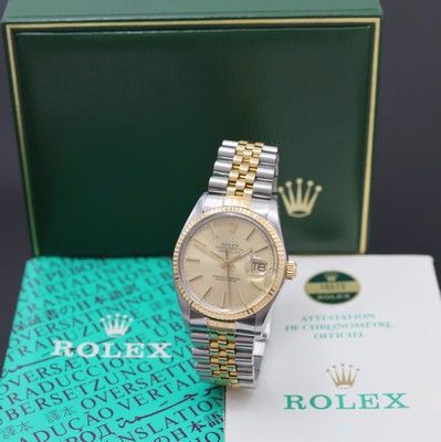 ROLEX Oyster Perpetual Datejust Herrenarmbanduhr Referenz 16013, Schweiz um 1985, Automatik, Chronometer der Superlative in Stahl/Gold inkl. orig. ...