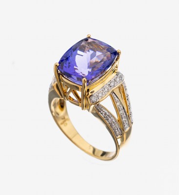18 kt Gold Tansanit-Brillant-Ring, GG 750/000, qualitätvolle Verarbeitung, erhaben gefasster facett. Tansanit ca. 5.0 ct, dreigeteilte ...