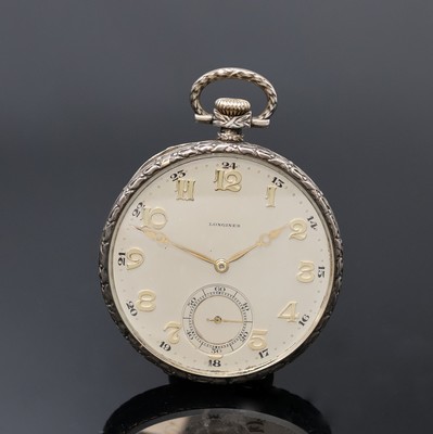 LONGINES offene Herrentaschenuhr in Silber, Schweiz um 1925, guill. Geh. dell., Cuv. m. Medaillengravur, Rand mit Ranken verziert, silb. Zifferbl. m. ...