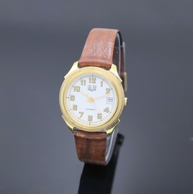 GUB Glashütte SA Herrenarmbanduhr, Deutschland um 1990, Automatik, verg. Geh., guill. Lünette, Stahlboden aufgedr., emailfarb. Zifferbl. m. arab. ...