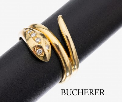 18 kt Gold BUCHERER Brillant-Schlangenring, GG 750/000, Kopf mit 6 Brillanten zus. ca. 0.10 ct Weiß/si, RW 59, ca. 8.0 g, Meistermarke CB
