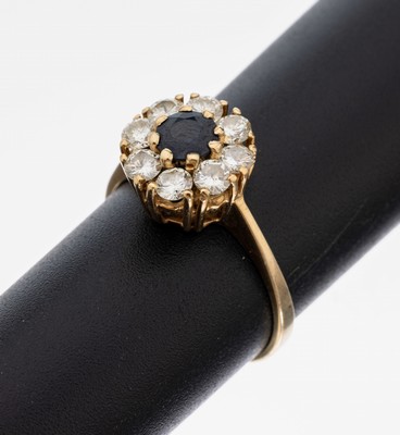 14 kt Gold Saphir-Brillant-Ring, GG 585/000, mittig rundfacett. Saphir ca. 0.20 ct, 8 Brillanten zus. ca. 0.60 ct get.Weiß/si,RW 55, ca. 3.6 g