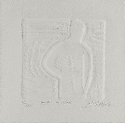 Günther Berlejung, geb. 1949 Ludwigshafen, um uns in Kunst, Prägedruck auf Bütten, sign., dat. 1985, betitelt, num. 5/15, ca. 19x19cm, u.Gl., R. ...