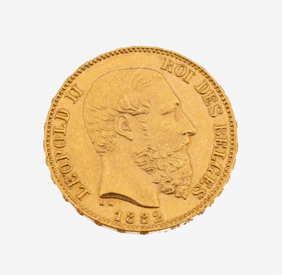 Goldmünze Belgien 20 Francs 1882, Leopold II, ROI DES BELGES, L´UNION FAIT LA FORCE, im Etui