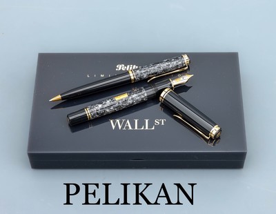 PELIKAN Schreibset, Wall Street, limitierteEdition, hier 0486/4500, Kugelschreiber und Füller, Feder Stärke M GG/WG 750/000, dunkelgrauer Edelharz ...