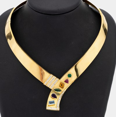 18 kt Gold Farbstein-Diamant-Collier, GG 750/000, asymm. Mittelteil bes. mit facett. Aquamarin, Amethyst, Citrin, Turmalin und Smaragd zus. ca. 9.0 ...