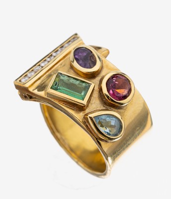 18 kt Gold Farbstein-Diamant-Ring, GG 750/000, asymm. Ringkopf bes. mit facett. Aquamarin, Turmalin, und Amethyst (besch), zus. ca. 2.70 ct, in ...
