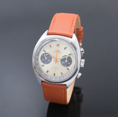 DUGENA Armbandchronograph Referenz 73353 (Baugleiche Referenz 73353 von Heuer) in Stahl, Schweiz um 1975, Handaufzug, Boden verschr., silb. Zifferbl. ...