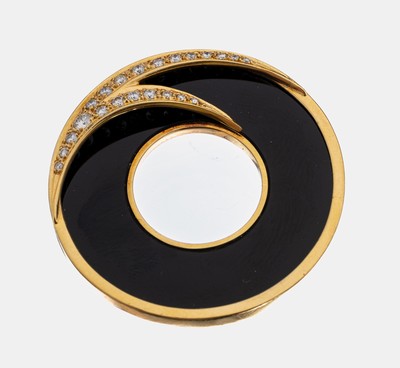 18 kt Gold Onyx-Brillant-Brosche, GG 750/000, qualitätvolle Verarbeitung, Onyx- Ring, 22 Brillanten zus. ca. 0.24 ct feines Weiß/vs, D. ca. 3.8 ...