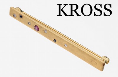 14 kt Gold Brillant-Saphir-Rubin-Brosche, GG 585/000, schlicht, Oberfläche sat., 4 Brillanten zus. ca. 0.04 ct Weiß/si, 1 rundfacett. Rubin und 2 ...