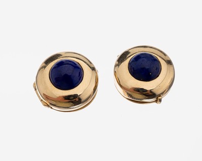 Set 2 14 kt Gold Lapislazuli- Knopfverzierungen, GG 585/000, schlicht, mit Lapislazuli-Halbkugeln, ca. 8.9 g, Meistermarke unged.
