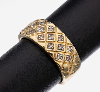 14 kt Gold Diamant-Ring, GG 585/000, Rautenmuster, 16 kl. 8/8-Diamanten, RW 57, ca.4.1 g, Meistermarke unged.