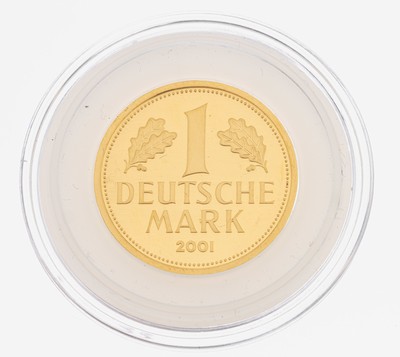 Goldmünze 1 Deutsche Mark, sogn. Goldmark, Deutsche Bundesbank, 2001, Prägemarke G, in Münzkapsel