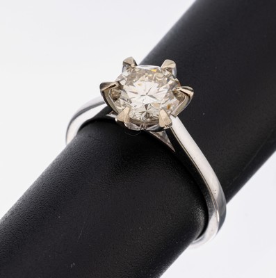 18 kt Gold Brillant-Ring, WG 750/000, Brillant ca. 1.60 ct l.get.Weiß/vs-si, RW 57, ca. 4.0 g