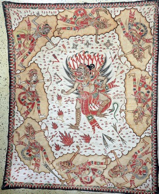 Balinesische Malerei im Wayang-Stil . Darstellung von Götter, Dämonen, Helden und Szenen aus dem hinduistischen Mythos,Mitte 20.Jhd, Handmalerei ...