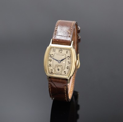 HAMILTON Armbanduhr, USA um 1932, Handaufzug, 2-teil. 10k Gold-Filled Geh., Boden aufgedr., silb. Duoton-Zifferbl. altersbed. fl./pat., gebl. Zeiger, ...