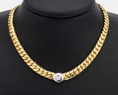 14 kt Gold Brillant-Collier, GG/WG 585/000,1 in WG gefasster Brillant ca. 0.15 ct Weiß/si, L. ca. 45 cm, Karabinerschließe, ca. 23.9 g