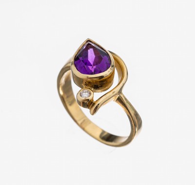 14 kt Gold Amethyst-Brillant-Ring, GG 585/000, facett. Amethyst-Tropfen ca. 2.0 ct, Brillant ca. 0.03 ct feines Weiß/vs, RW 54, ca. 5.0 g