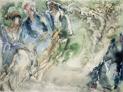 Pierre Kröger, 1938-2022 Darmstadt, Aquarell, o.T., Figurengruppe, links unten signiert und datiert 1985, unter Glas gerahmt 81x105 cm