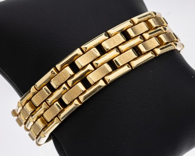 14 kt Gold Armband, GG 585/000, Backsteinoptik, part. sat., B. ca. 1.8 cm, L. ca. 18.5 cm, Kastenschloss mit 2 Sicherheitsachten, 1 Ersatzglied ...