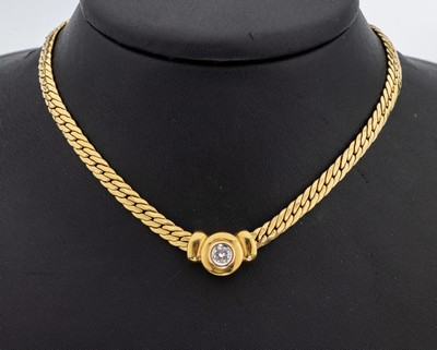 14 kt Gold Brillant-Anhänger, GG 585/000, Brillant ca. 0.30 ct feines Weiß/p, an Kette, GG 585/000, L. ca. 44.5 cm, Karabinerschließe,ca. 14.3 g