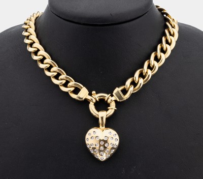 14 kt Gold Brillant-Clipanhänger "Herz", GG585/000, Herz bes. mit 26 Brillanten zus. ca.0.26 ct Weiß/si, L. ca. 3.5 cm, an Kette, L. ca. ...