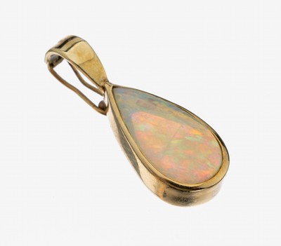 14 kt Gold Opal-Clipanhänger, GG 585/000, schlicht, tropfenf. Opal-Cabochon ca. 4.00 ct, Farbspiel in Gelb, Rot, Blau und Grün, ca.3 x 1 cm, ca. ...