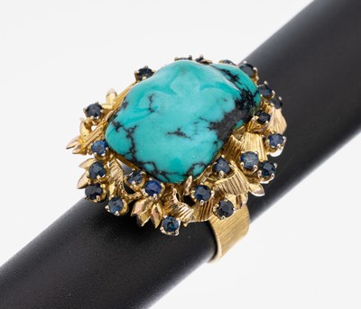 14 kt Gold Türkis-Saphir-Ring, GG 585/000, abstrakt, mittig gr. Türkis, 25 rundfacett. Saphire zus. ca. 1.20 ct, RW 55, ca. 11.7 g