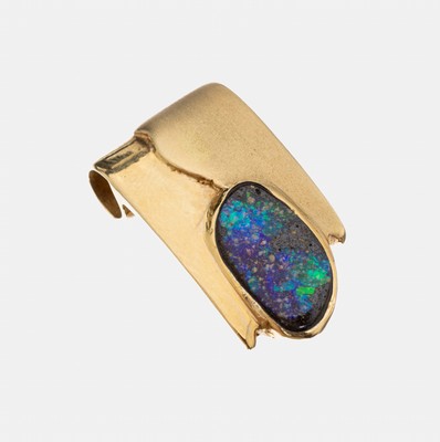 14 kt Gold Opal-Anhänger, GG 585/000, part.sat., Boulderopal, feines Farbspiel in Grün und Blau, ca. 2.5 x 1.4 cm, ca. 5.4 g