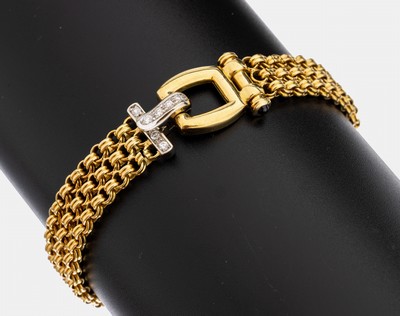 18 kt Gold Brillant-Saphir-Armband, GG/WG 750/000, 3-rhg., WG Stege und Öse mit 16 Brillanten zus. ca. 0.32 ct feines Weiß/si, 2 Saphir-Cabochons ...