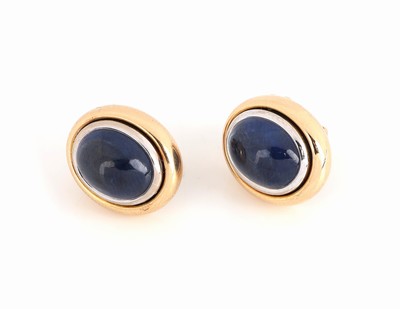 Paar 18 kt Gold Saphir-Ohrstecker, GG/WG 750/000, 2 ovale Saphir-Cabochons zus. ca. 10.00 ct, Brisuren GG 585/000, ca. 11.2 g