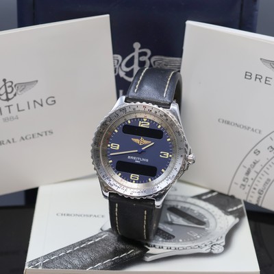 BREITLING Chronospace Multifunktionsuhr Referenz A56011, Schweiz um 1995, quarz, Edelstahlgeh. inkl. Lederband m. orig. Dornschl., Boden aufgedr., ...