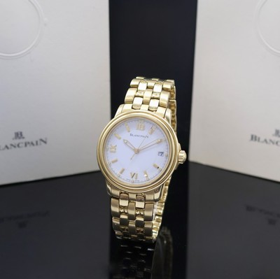 BLANCPAIN Leman Herrenarmbanduhr in GG 750/000, Schweiz lt. Pap. verk. 12/1996, Automatik, Geh. m. gestufter Lünette, Boden u. Krone verschr., ...
