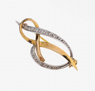 14 kt Gold Diamant-Brosche, GG/WG 585/000, geschwungen, 11 in WG gefasste 8/8-Diamanten zus. ca. 0.05 ct Weiß/si, ca. 3.6 x 1.5 cm, ca. 3.1 g