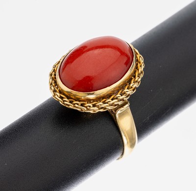 18 kt Gold Korallen-Ring, GG 750/000, ovaler Korallen-Cabochon, RW 58, ca. 7.5 g, Versand nur innerhalb der EU