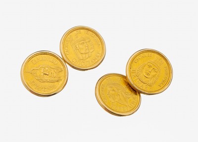 Paar 18 kt Gold Manschettenknöpfe, GG 750/000 gepr., eingelegte Medaillen, Cacicquesde Venezuela, ca. 12.7 g