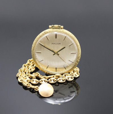 GG 750/000 Taschenuhrkette ca. 26g mit vergoldeter Favor Frackuhr, Taschenuhr Deutschland um 1970, Handaufzug, Boden aufgedr., 17 St., Kal. PUW 560, ...