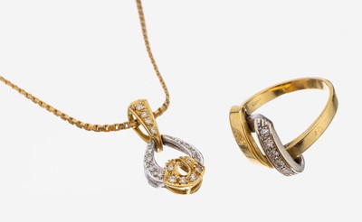 18 kt Gold Diamant-Konvolut, GG/WG 750/000,best. aus: 1 Ring, RW 54.5, 7 8/8-Diamanten zus. ca. 0.10 ct Weiß/si, und 1 Anhänger an Kette, 18 ...