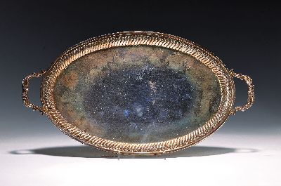 Ovales Silbertablett, 20.Jh., 900er Silber, Doppelhenkel, Gebrauchsspuren, 39x22cm, 527g